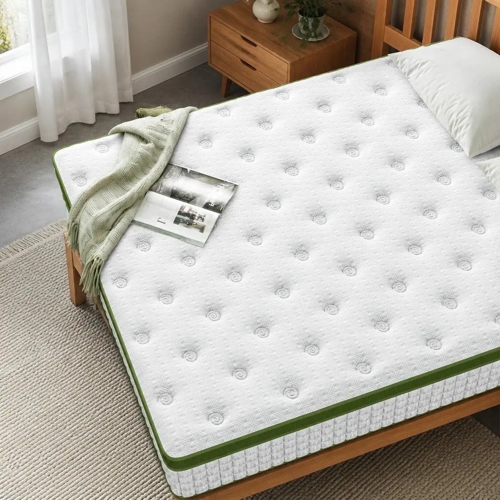 Single Bed Frame Boucle Fabric Upholstered Medium Firm Pocket Coil Hybrid Mattress Set
