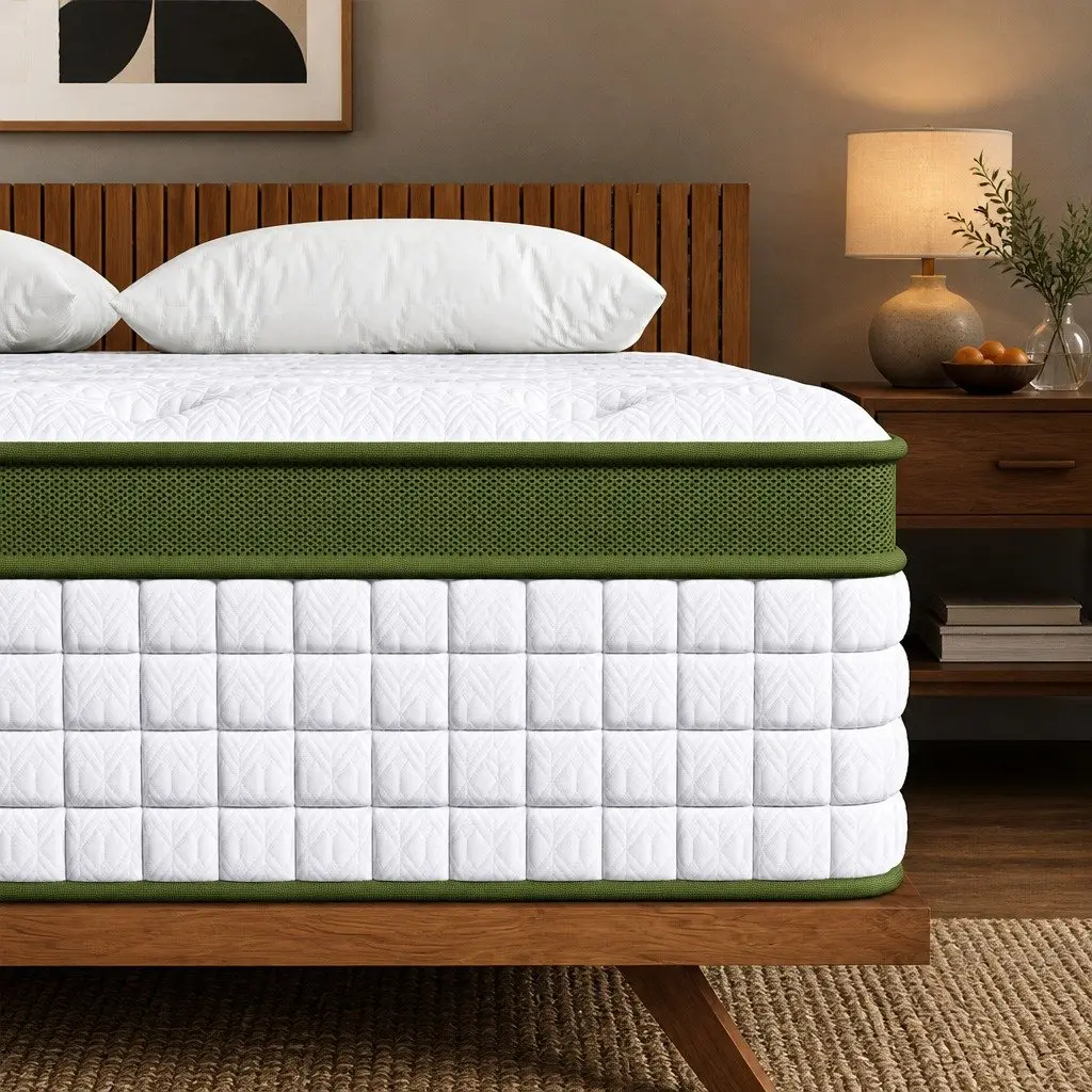Single Bed Frame Boucle Fabric Upholstered Medium Firm Pocket Coil Hybrid Mattress Set