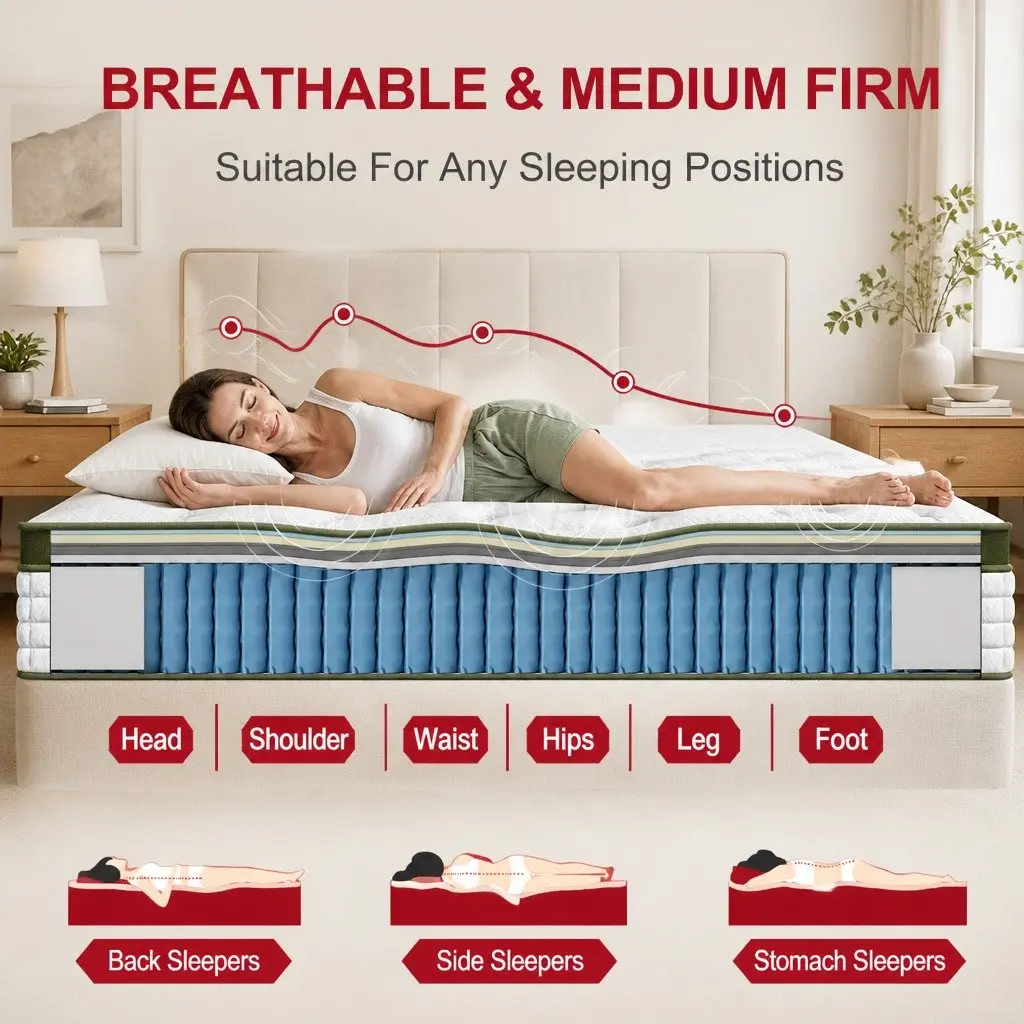 Single Bed Frame Boucle Fabric Upholstered Medium Firm Pocket Coil Hybrid Mattress Set