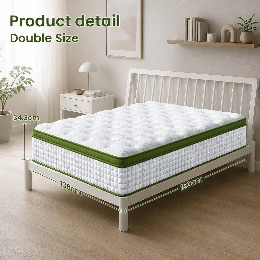 Double Bed Frame with Hybrid Mattress Bundle White Padded Headboard Pocket Coil