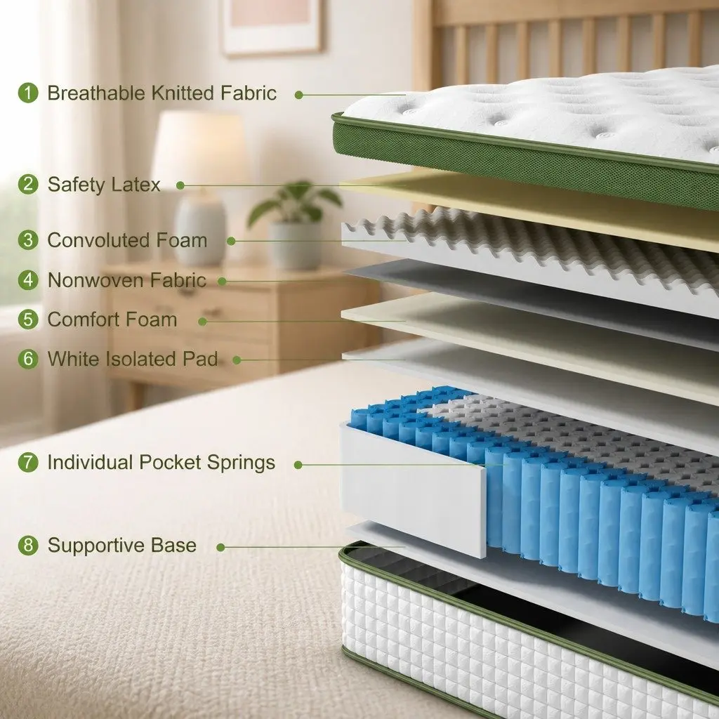 Double Bed Frame with Hybrid Mattress Bundle White Padded Headboard Pocket Coil