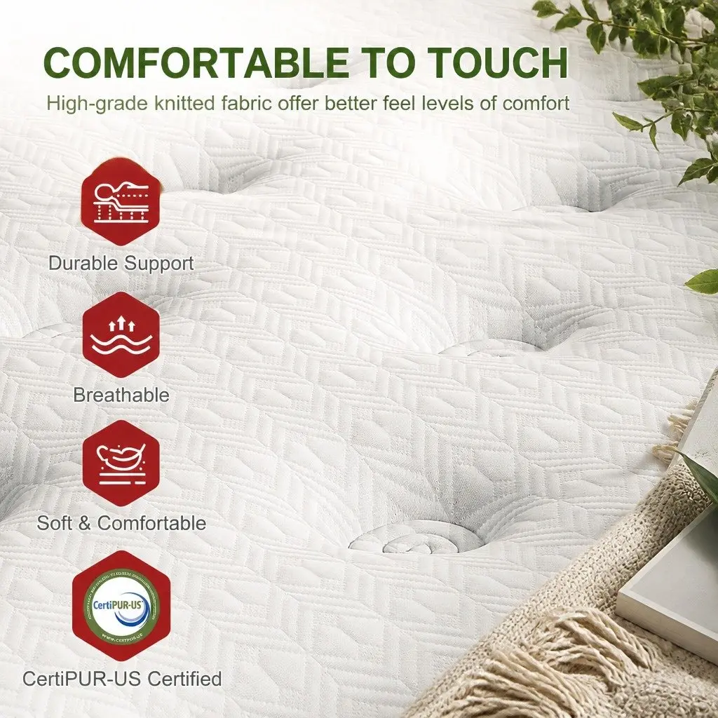 Double Bed Frame with Hybrid Mattress Bundle White Padded Headboard Pocket Coil