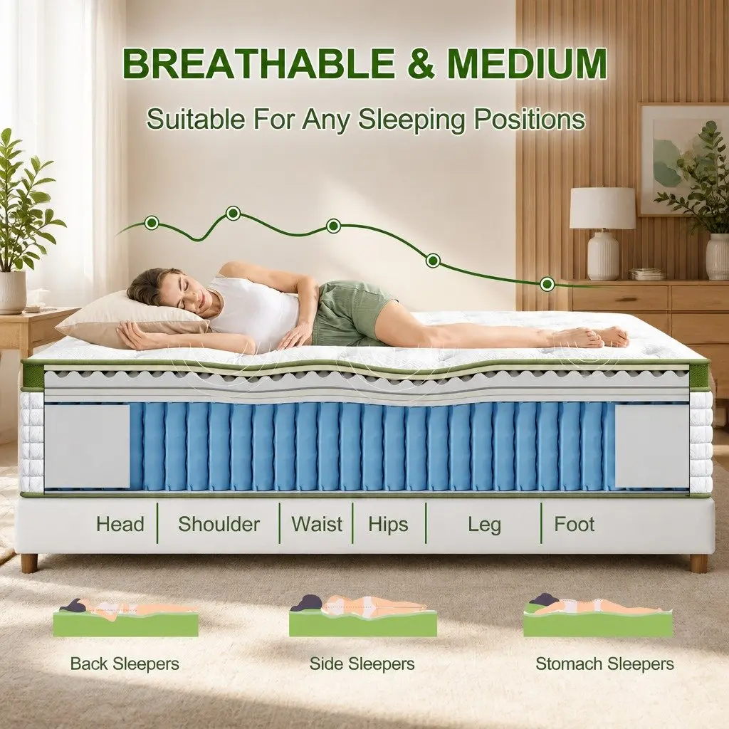 Double Bed Frame with Hybrid Mattress Bundle White Padded Headboard Pocket Coil