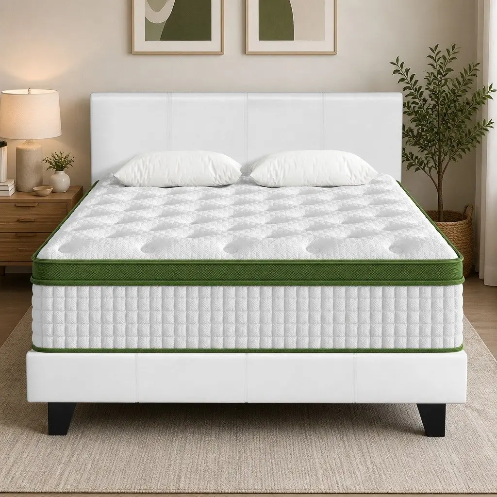Double Bed Frame with Hybrid Mattress Bundle White Padded Headboard Pocket Coil