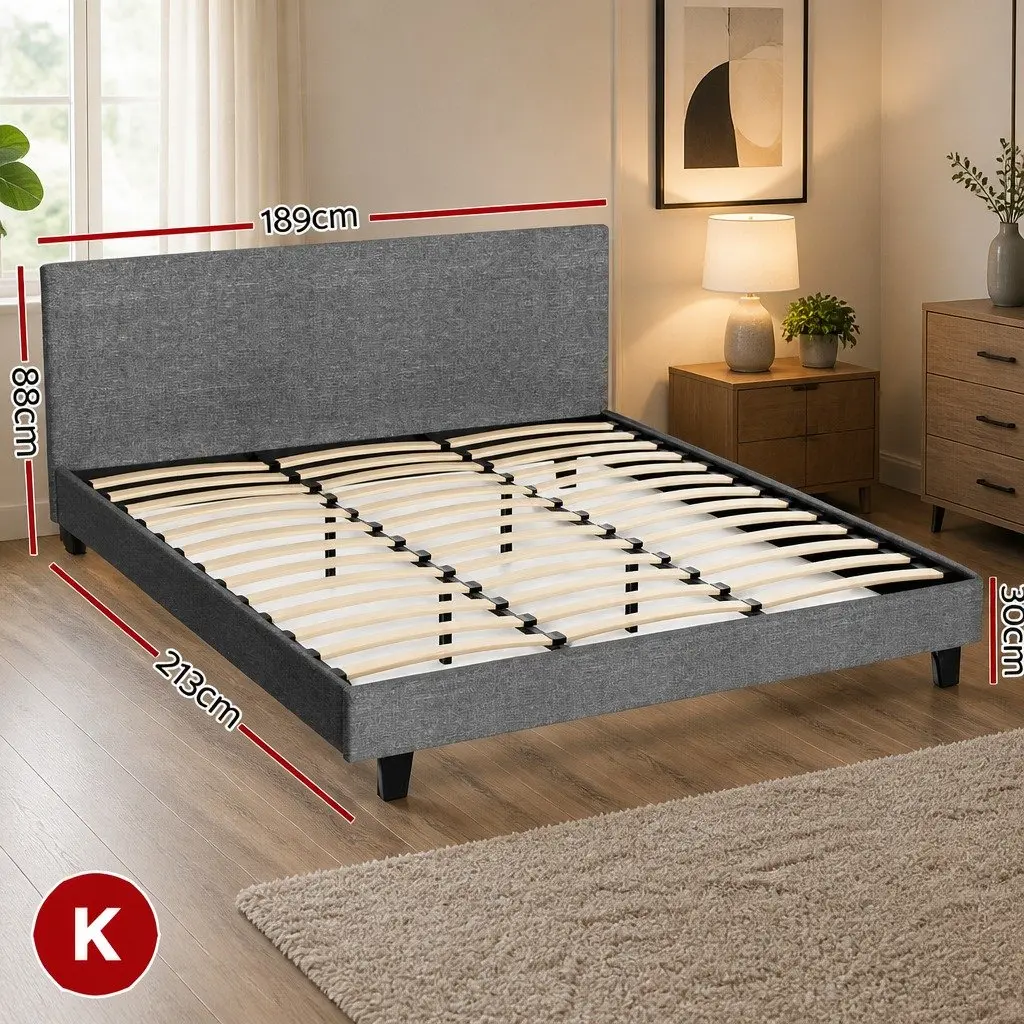 King Bed Frame Padded Headboard Grey Hybrid Mattress Medium Firm 9 Layer Pocket Coil