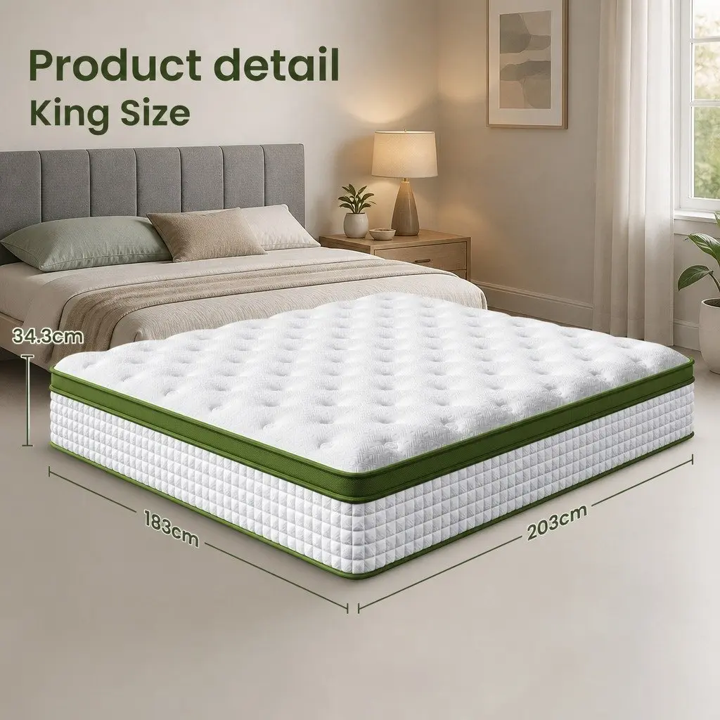 King Bed Frame Padded Headboard Grey Hybrid Mattress Medium Firm 9 Layer Pocket Coil