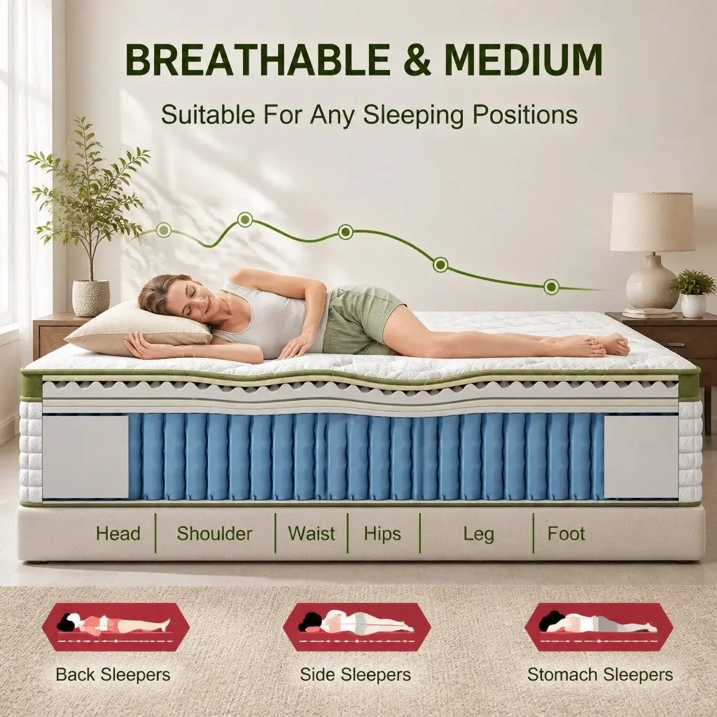 King Bed Frame Padded Headboard Grey Hybrid Mattress Medium Firm 9 Layer Pocket Coil