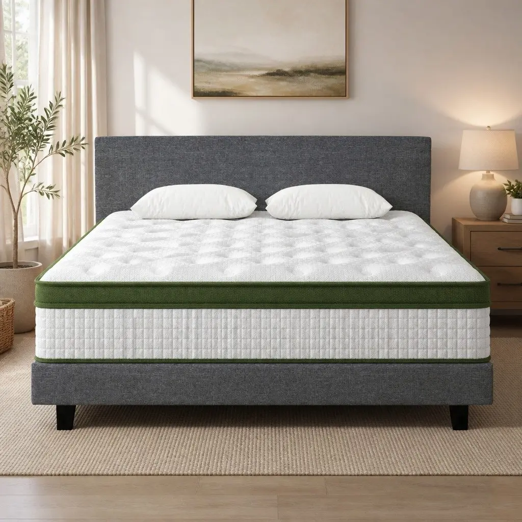 King Bed Frame Padded Headboard Grey Hybrid Mattress Medium Firm 9 Layer Pocket Coil