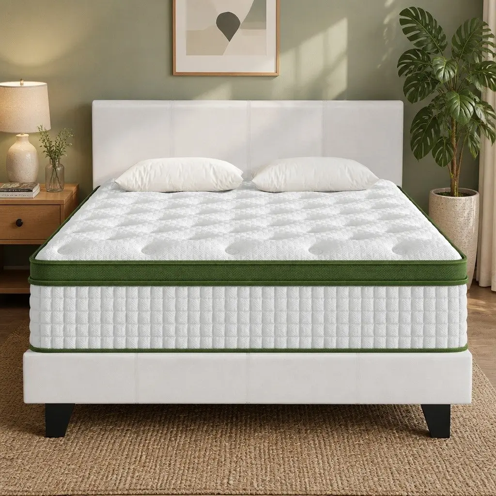 Queen Bed Frame Set with Hybrid Mattress White Padded Headboard Bedroom