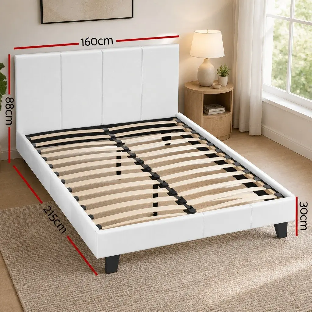 Queen Bed Frame Set with Hybrid Mattress White Padded Headboard Bedroom