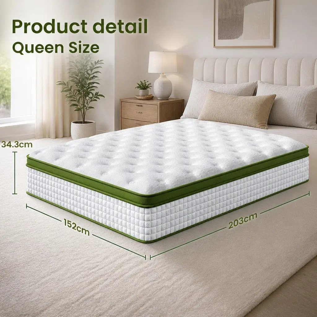 Queen Bed Frame Set with Hybrid Mattress White Padded Headboard Bedroom