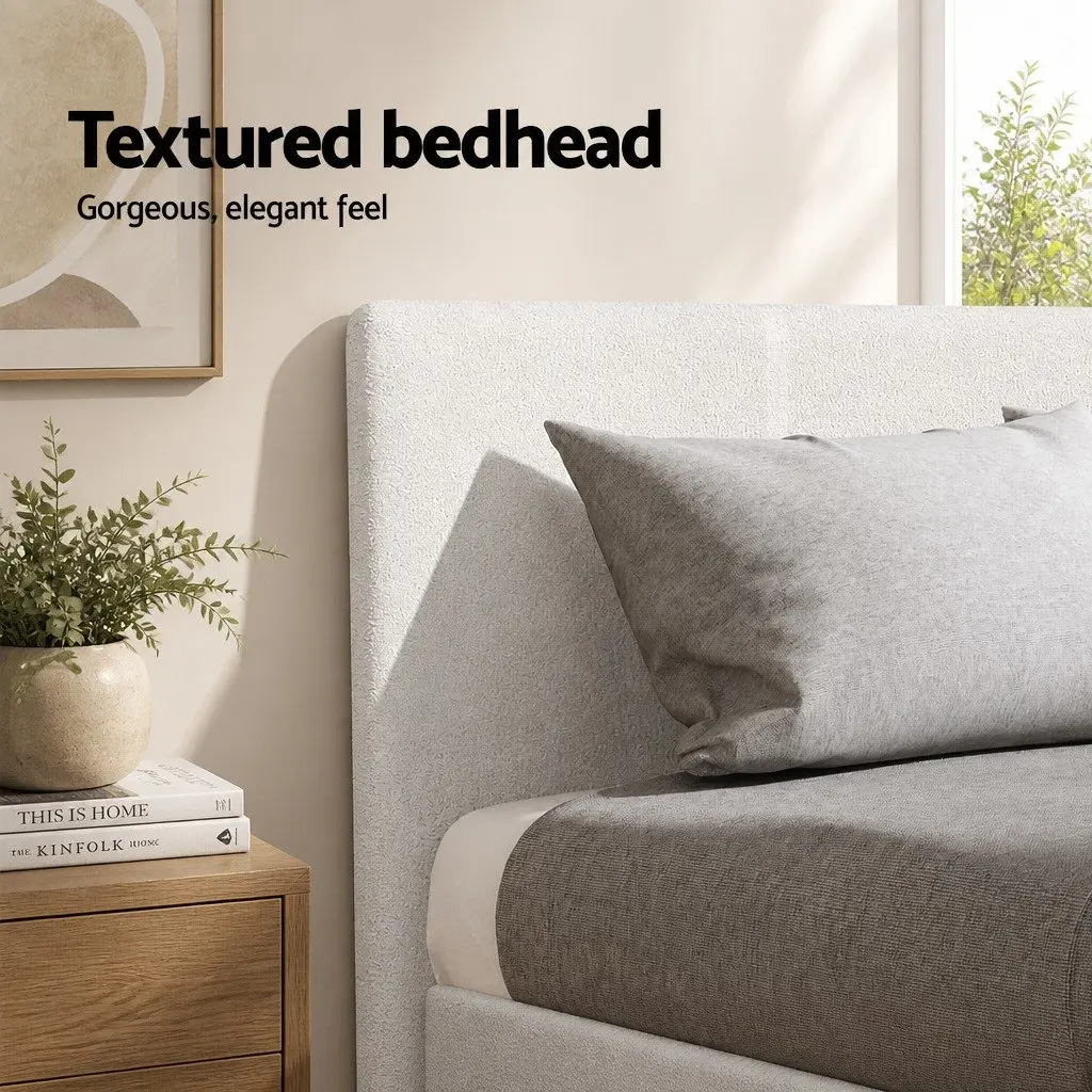 Queen Bed Frame Set with Hybrid Mattress White Padded Headboard Bedroom