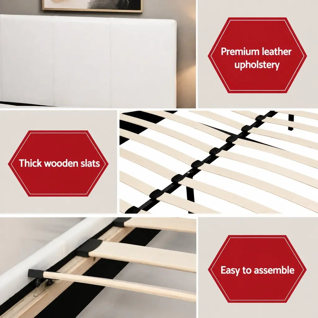Queen Bed Frame Set with Hybrid Mattress White Padded Headboard Bedroom