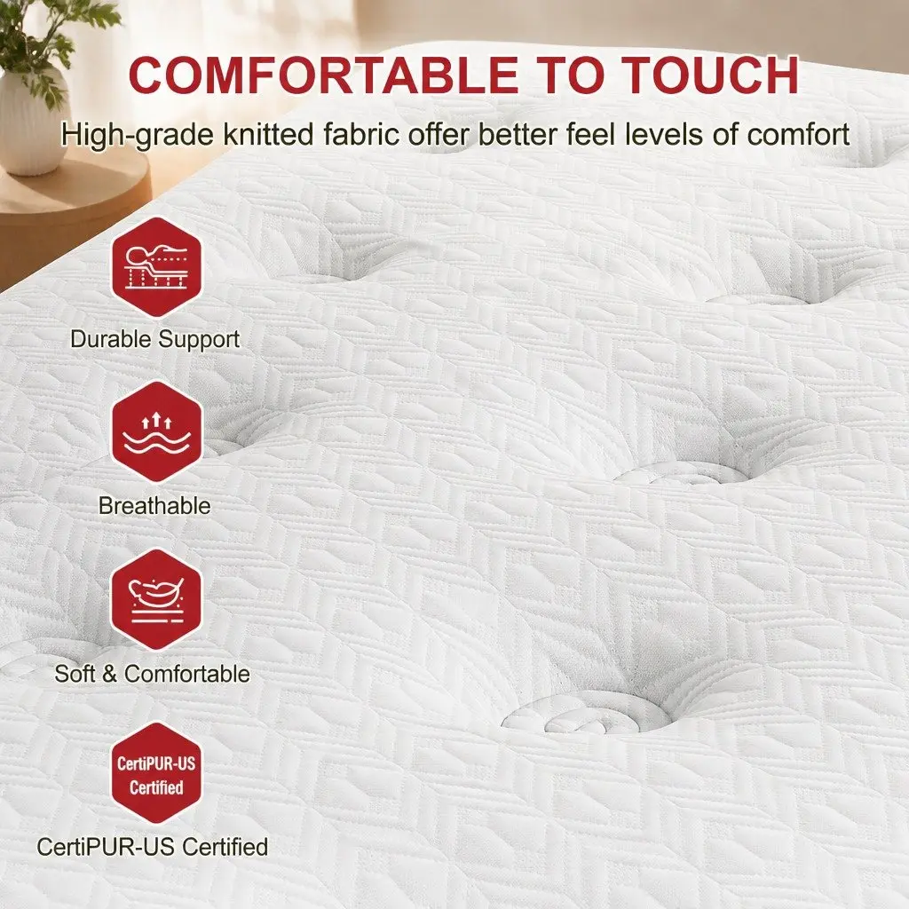 Queen Bed Frame Set with Hybrid Mattress White Padded Headboard Bedroom