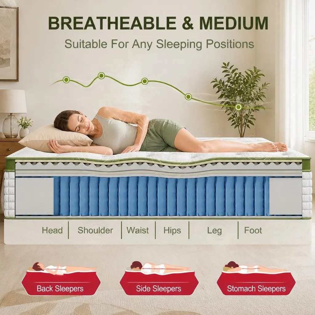 Queen Bed Frame Set with Hybrid Mattress White Padded Headboard Bedroom