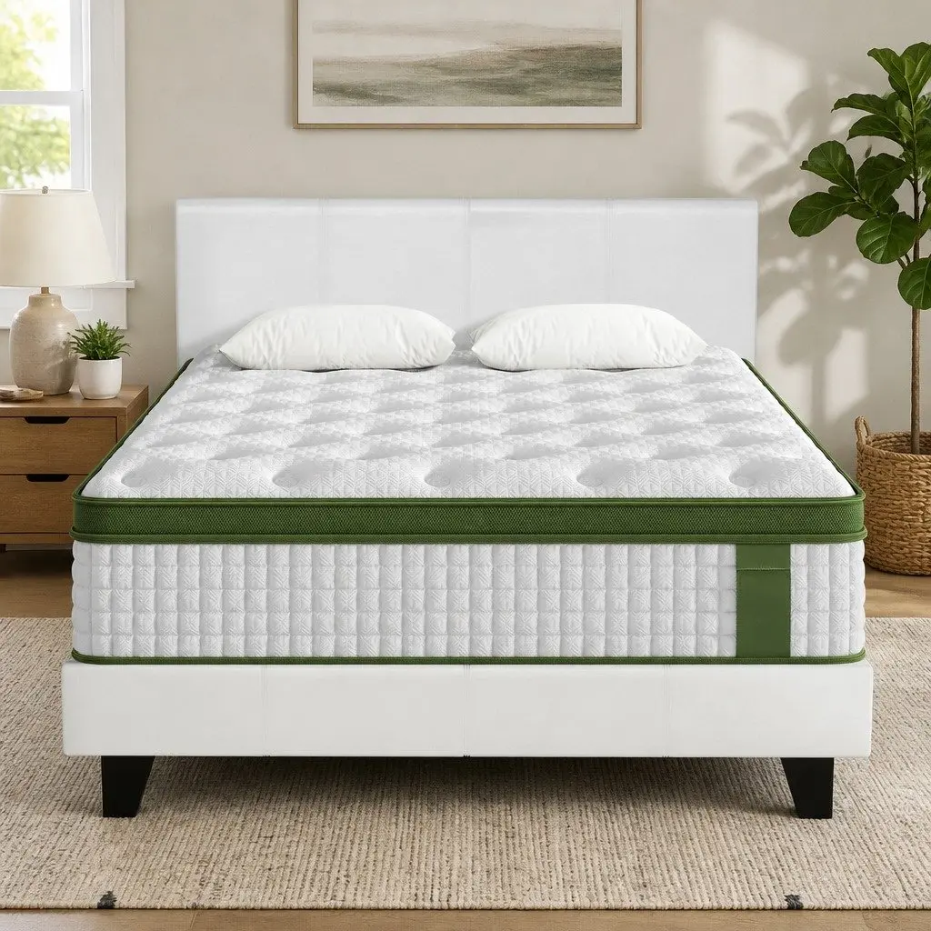 Queen Bed Frame Set with Hybrid Mattress White Padded Headboard Bedroom