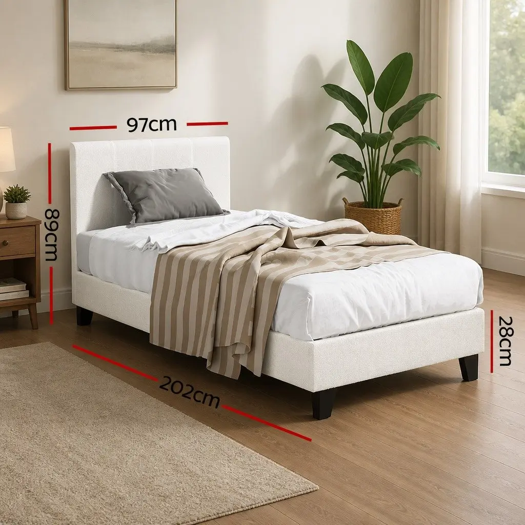Single Bed Frame with Hybrid Mattress Bundle in White Boucle