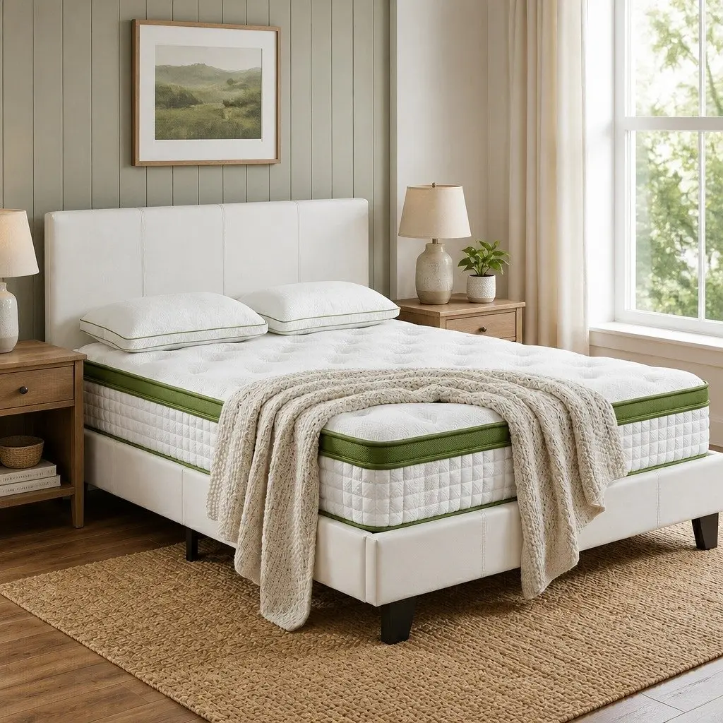 Double Bed Frame with Hybrid Mattress Modern Platform White Bedroom Furniture