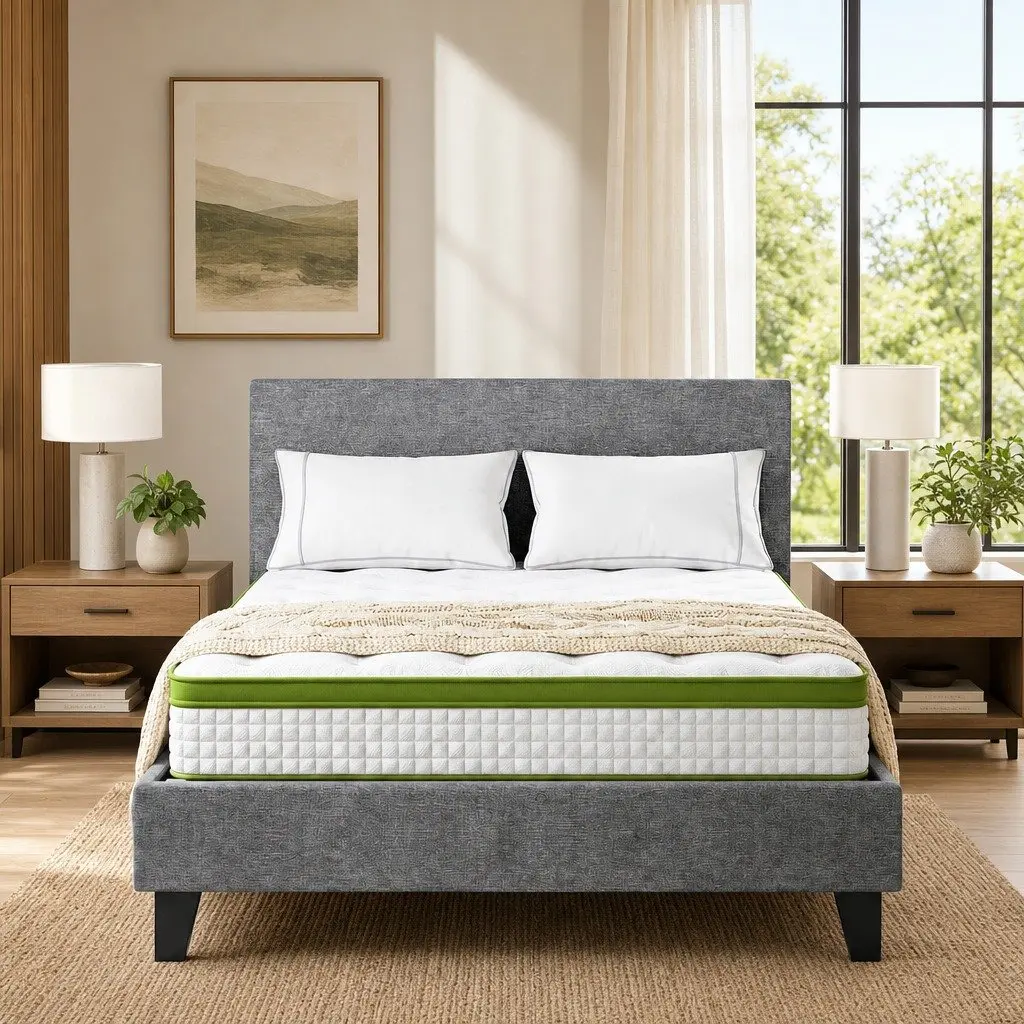 Single Bed Frame Grey Upholstered 203cm x 97cm with 30cm Hybrid Mattress
