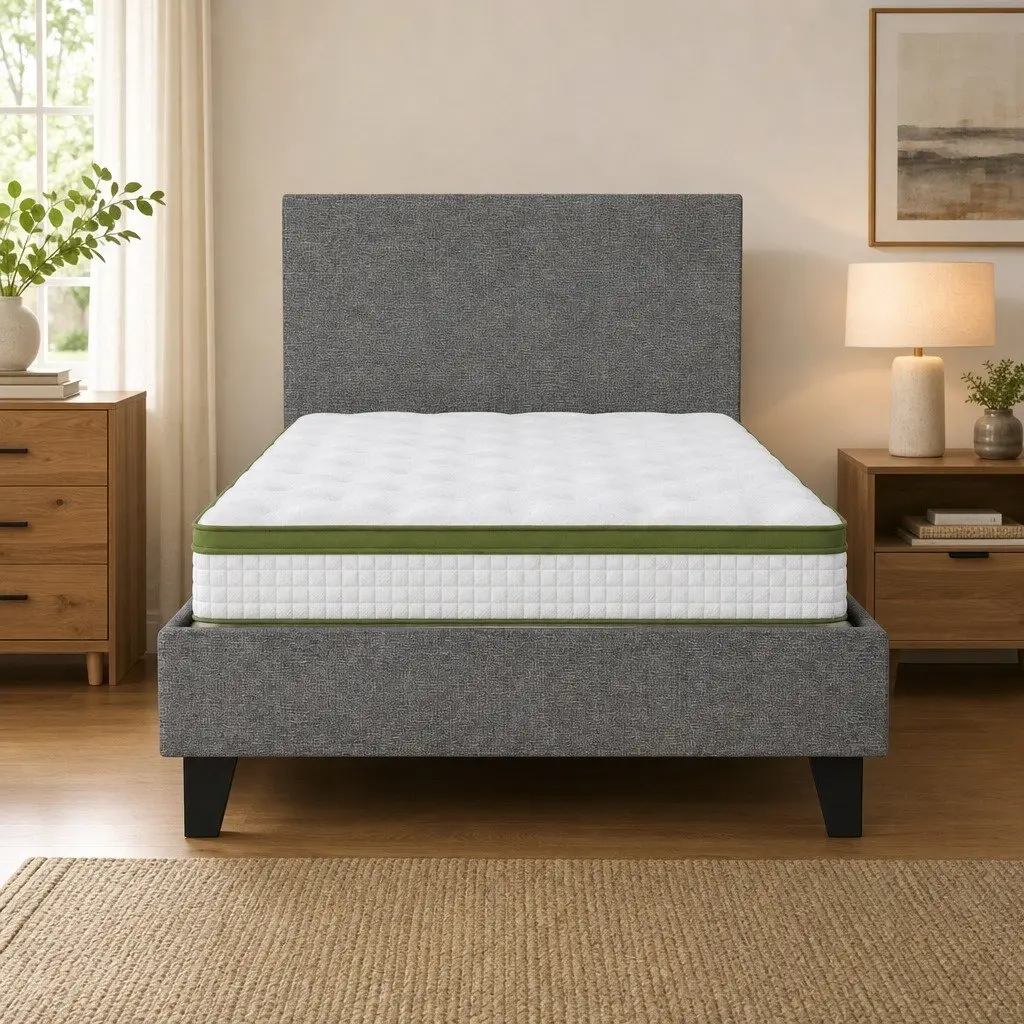 Single Bed Frame Grey Upholstered 203cm x 97cm with 30cm Hybrid Mattress