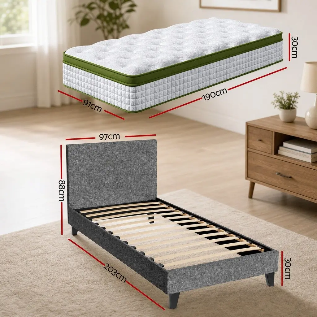 Single Bed Frame Grey Upholstered 203cm x 97cm with 30cm Hybrid Mattress