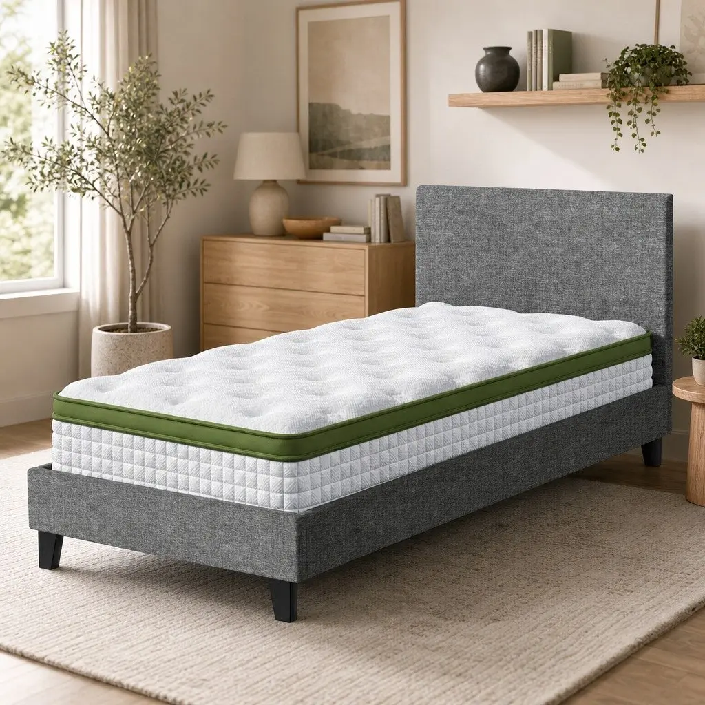 Single Bed Frame Grey Upholstered 203cm x 97cm with 30cm Hybrid Mattress