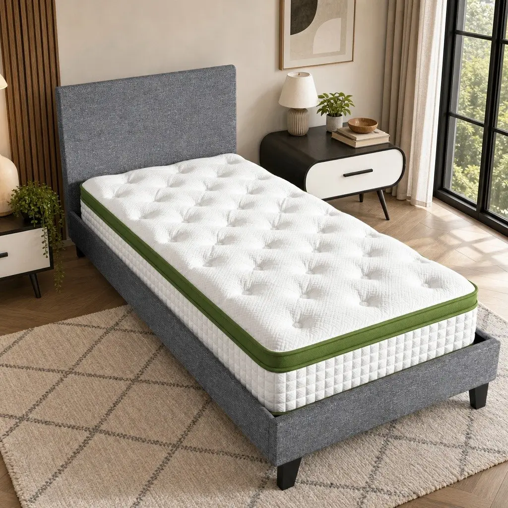 Single Bed Frame Grey Upholstered 203cm x 97cm with 30cm Hybrid Mattress