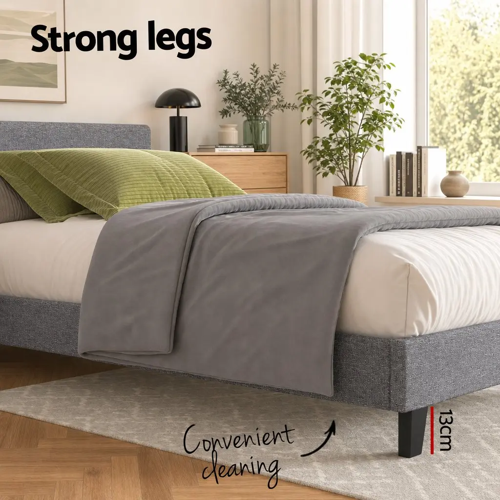Single Bed Frame Grey Upholstered 203cm x 97cm with 30cm Hybrid Mattress