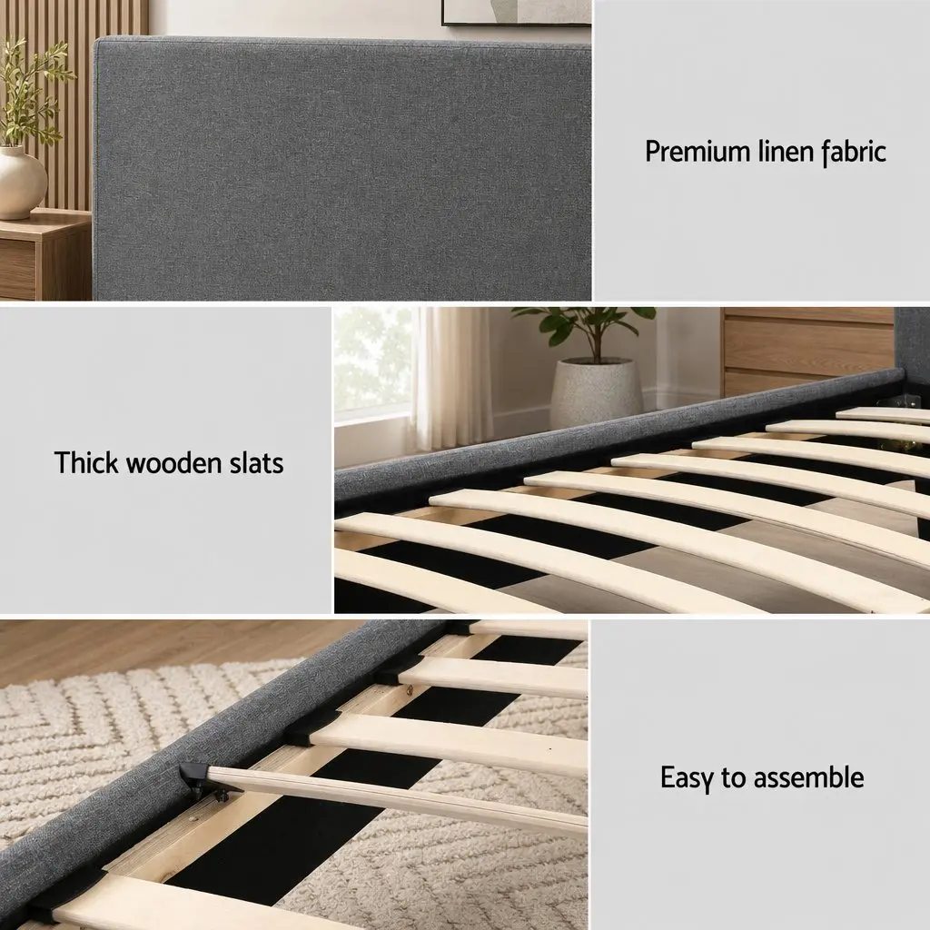 Single Bed Frame Grey Upholstered 203cm x 97cm with 30cm Hybrid Mattress