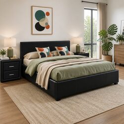 Queen Gas Lift Bed Frame with Storage and Nightstand Set Black
