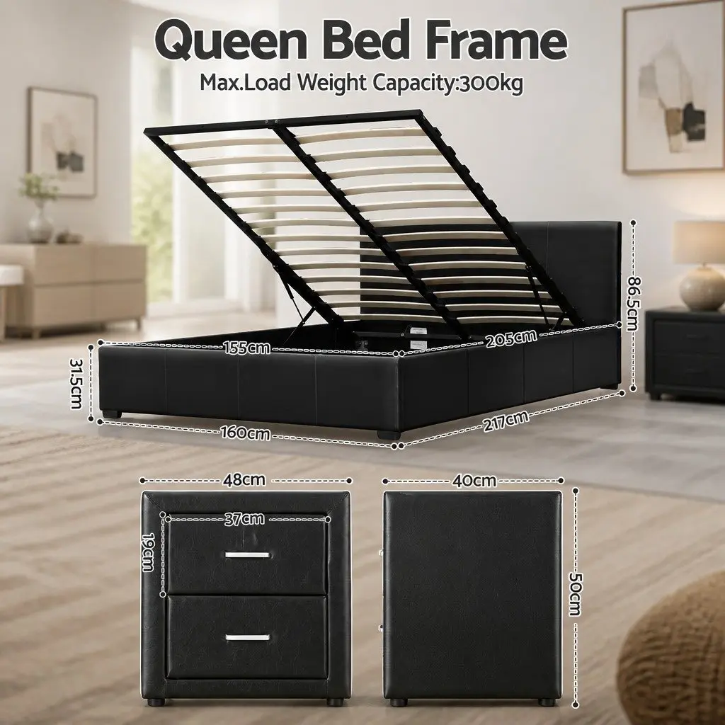 Queen Gas Lift Bed Frame with Storage and Nightstand Set Black
