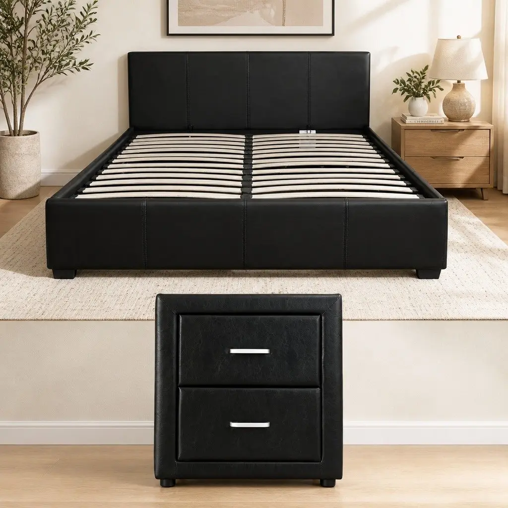 Queen Gas Lift Bed Frame with Storage and Nightstand Set Black
