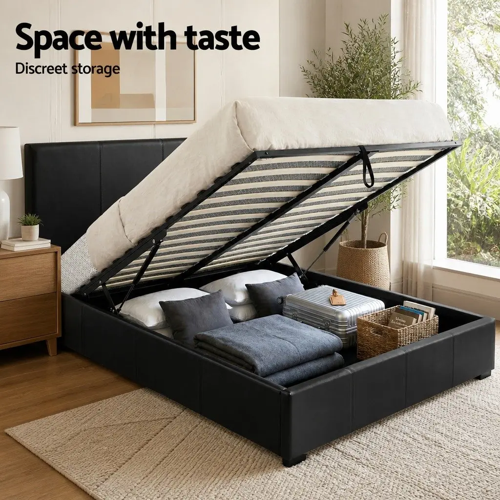 Queen Gas Lift Bed Frame with Storage and Nightstand Set Black