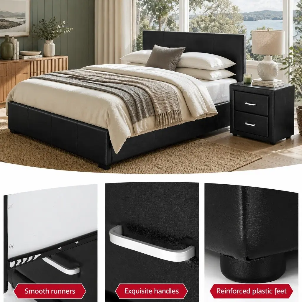 Queen Gas Lift Bed Frame with Storage and Nightstand Set Black