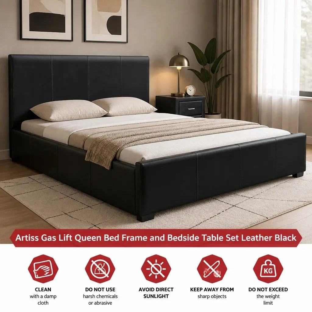 Queen Gas Lift Bed Frame with Storage and Nightstand Set Black