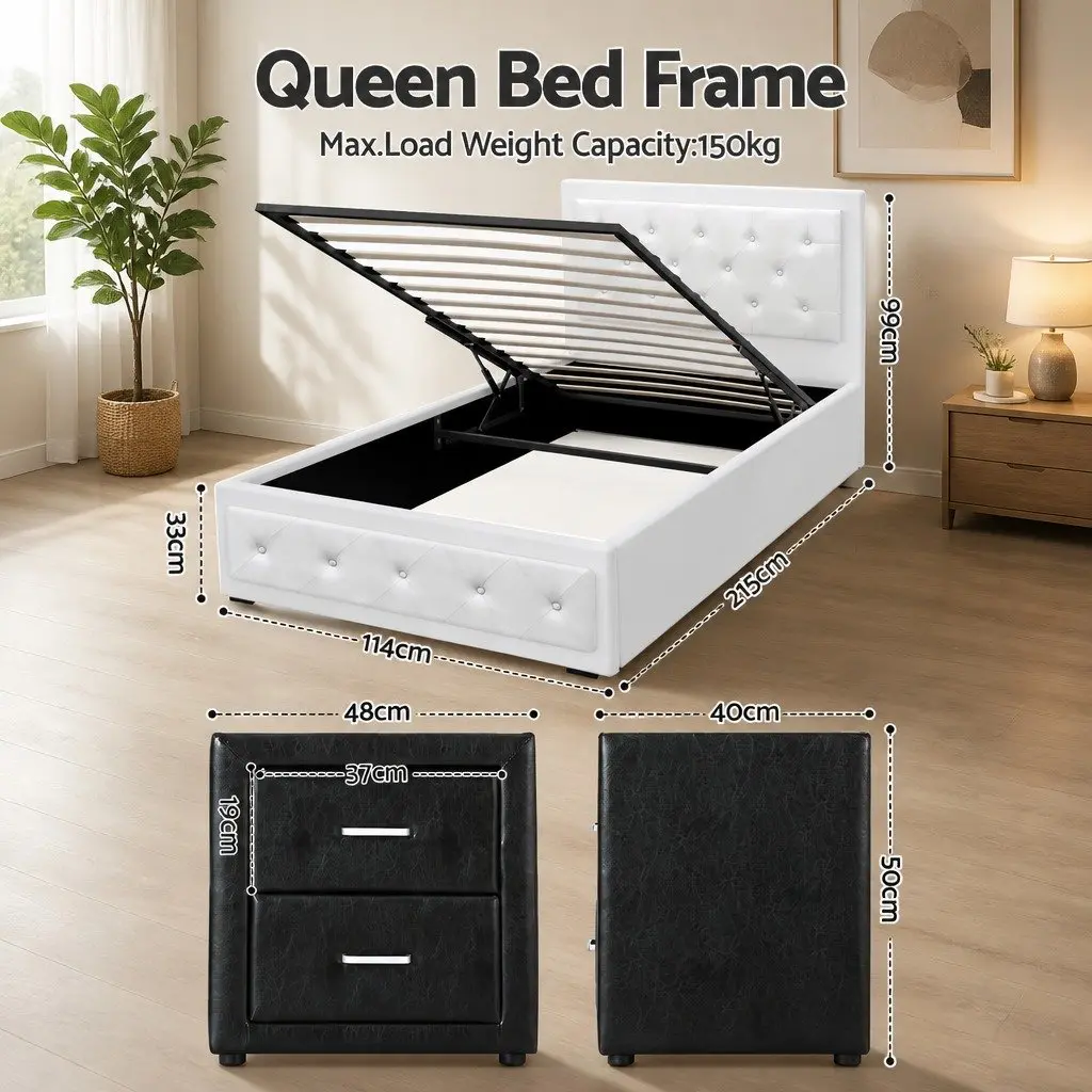 Gas Lift Storage King Single Bed Frame and Nightstand Set