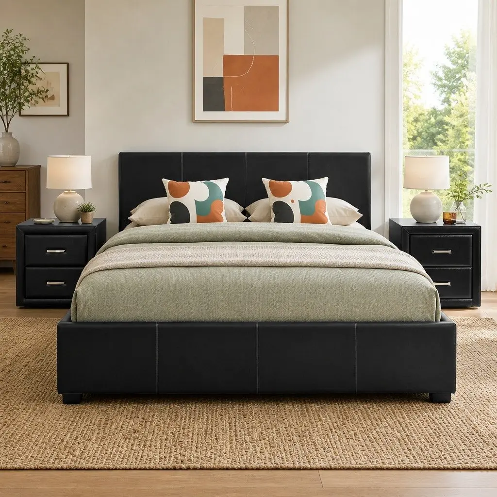 Black Queen Bed Frame with Storage & 2 Nightstands