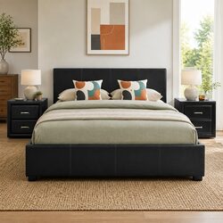 Cozy Black Queen Bed Frame with Storage & 2 Nightstands