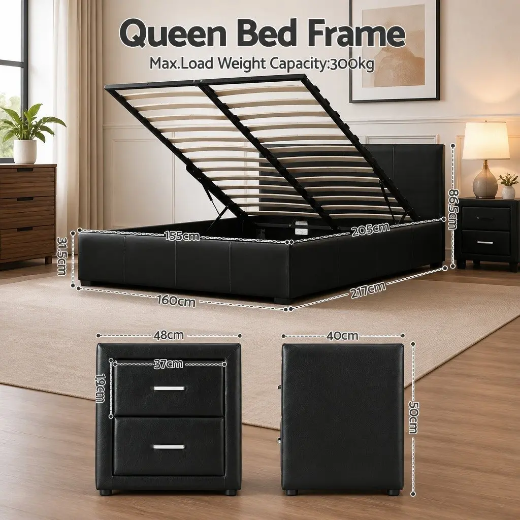 Queen Bed Frame Gas Lift Storage Black PU Leather with 2 Bedside Tables Modern Bedroom Set