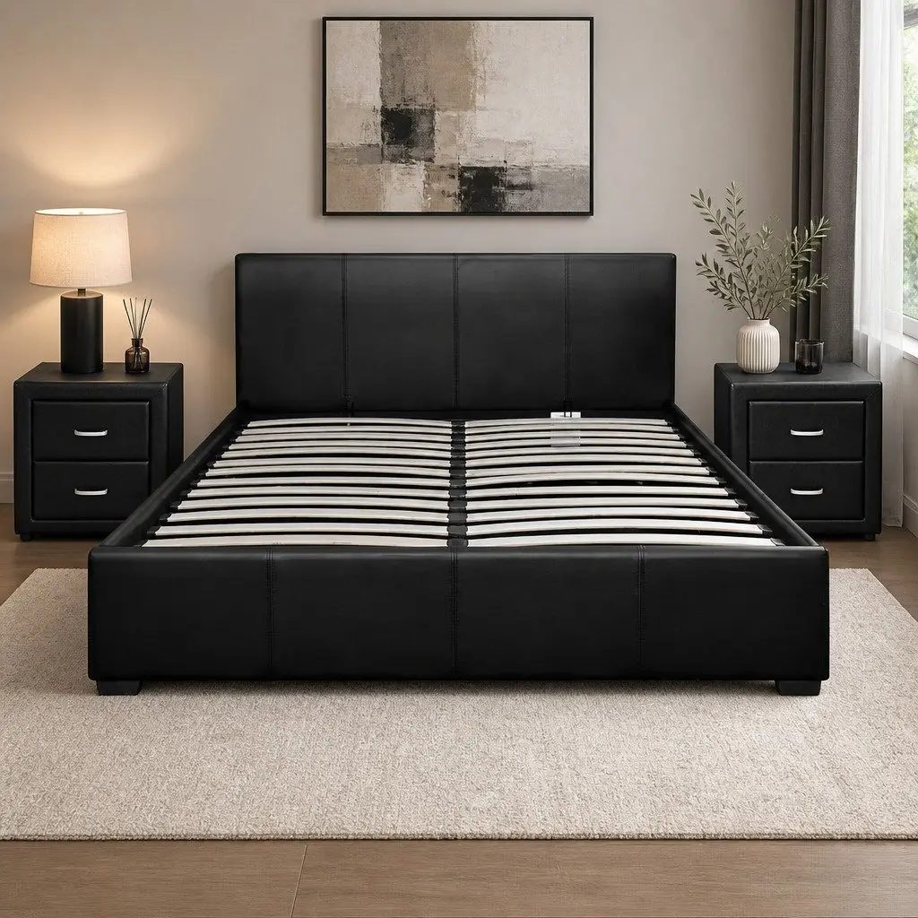 Queen Bed Frame Gas Lift Storage Black PU Leather with 2 Bedside Tables Modern Bedroom Set