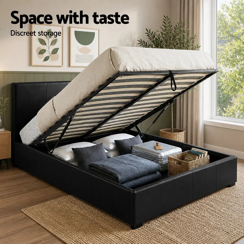 Queen Bed Frame Gas Lift Storage Black PU Leather with 2 Bedside Tables Modern Bedroom Set