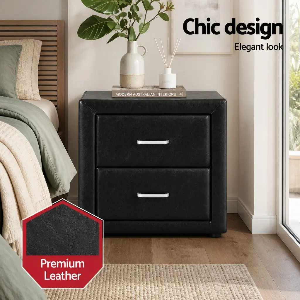 Queen Bed Frame Gas Lift Storage Black PU Leather with 2 Bedside Tables Modern Bedroom Set