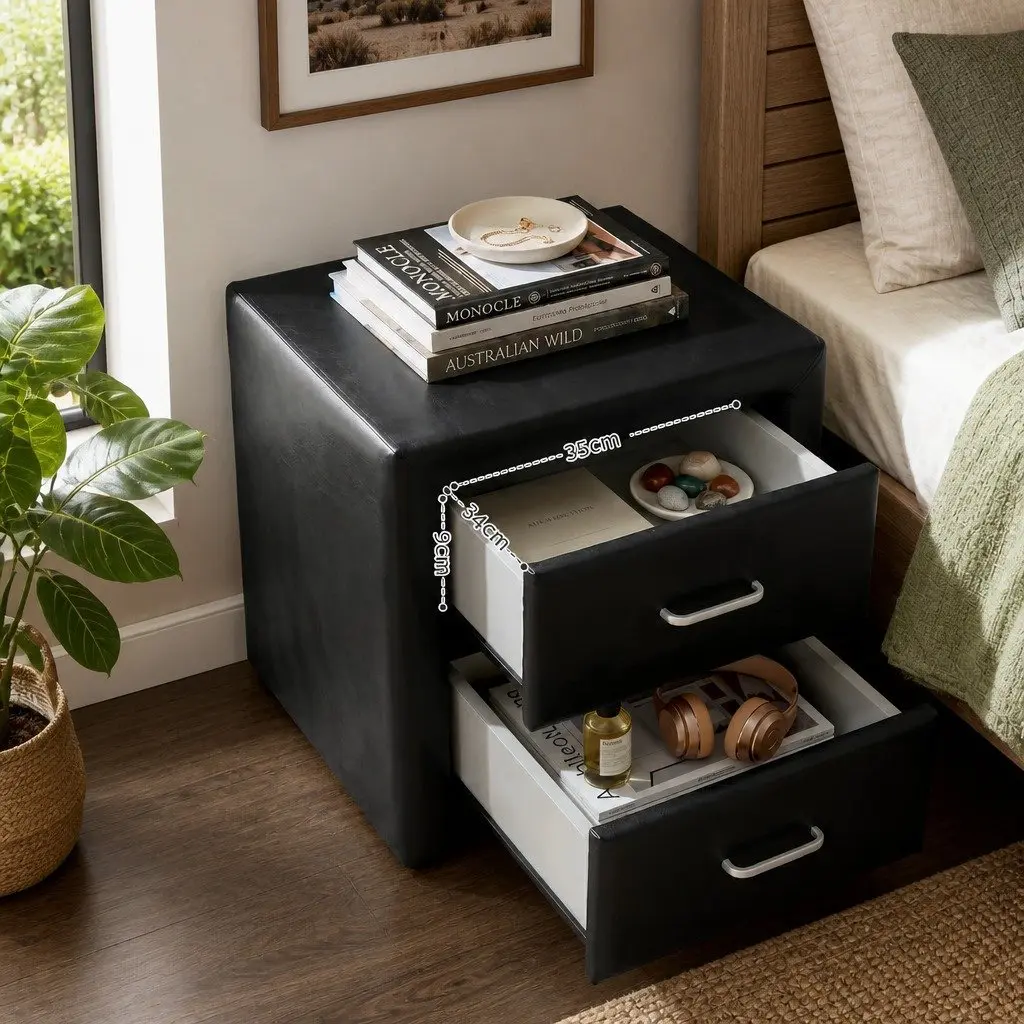 Queen Bed Frame Gas Lift Storage Black PU Leather with 2 Bedside Tables Modern Bedroom Set