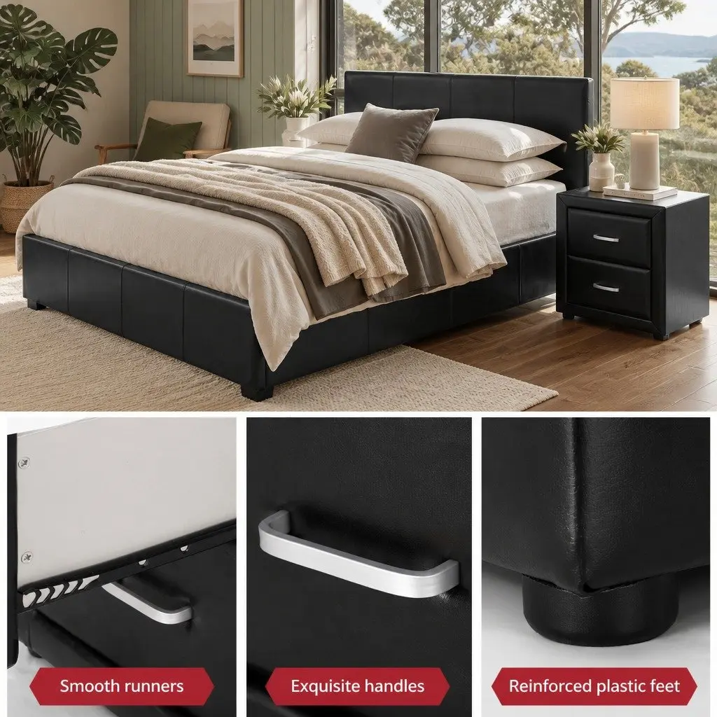 Queen Bed Frame Gas Lift Storage Black PU Leather with 2 Bedside Tables Modern Bedroom Set