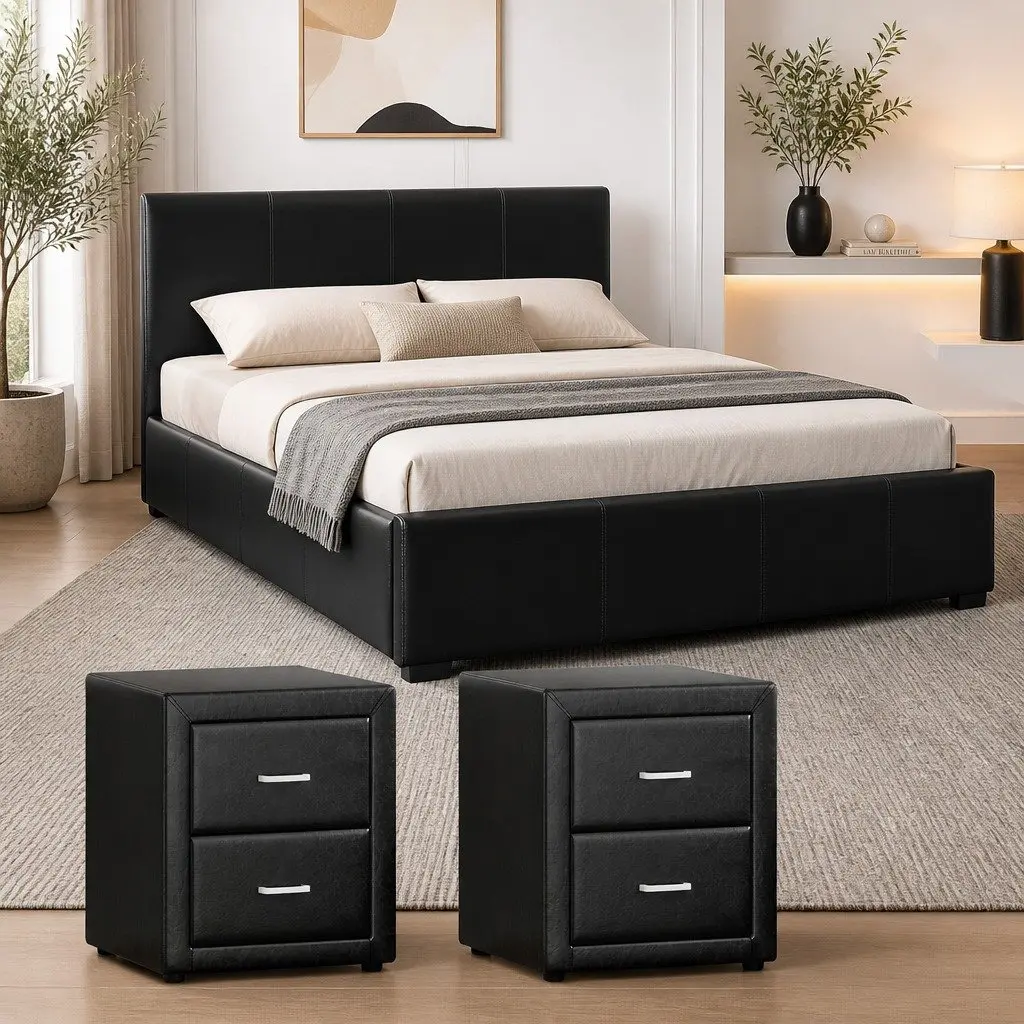 Queen Bed Frame Gas Lift Storage Black PU Leather with 2 Bedside Tables Modern Bedroom Set