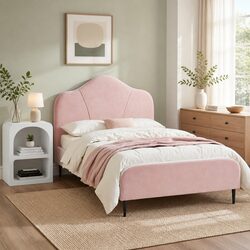 King Single Storage Bed Frame with Bedside Table Pink Velvet Upholstered