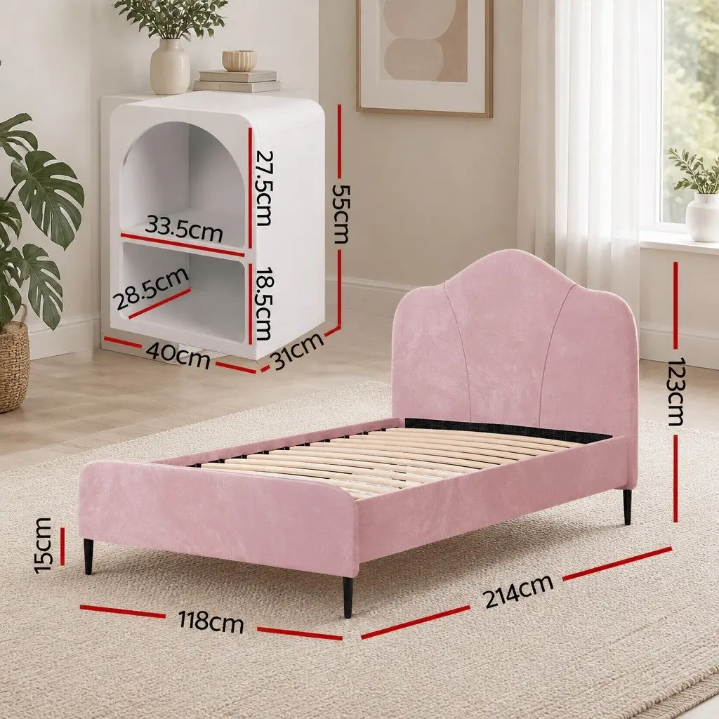 King Single Velvet Bed Frame with Storage Table