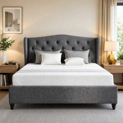 Double Bed Frame and Memory Foam Mattress Set Wing Headboard Tufted Grey Medium