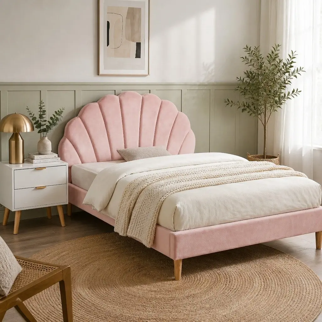 Pink Velvet Double Bed Frame with Scallop Headboard & 2 Drawer Table