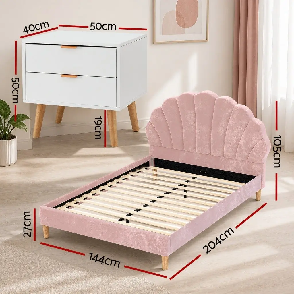 Pink Velvet Double Bed Frame with Scallop Headboard & 2 Drawer Table